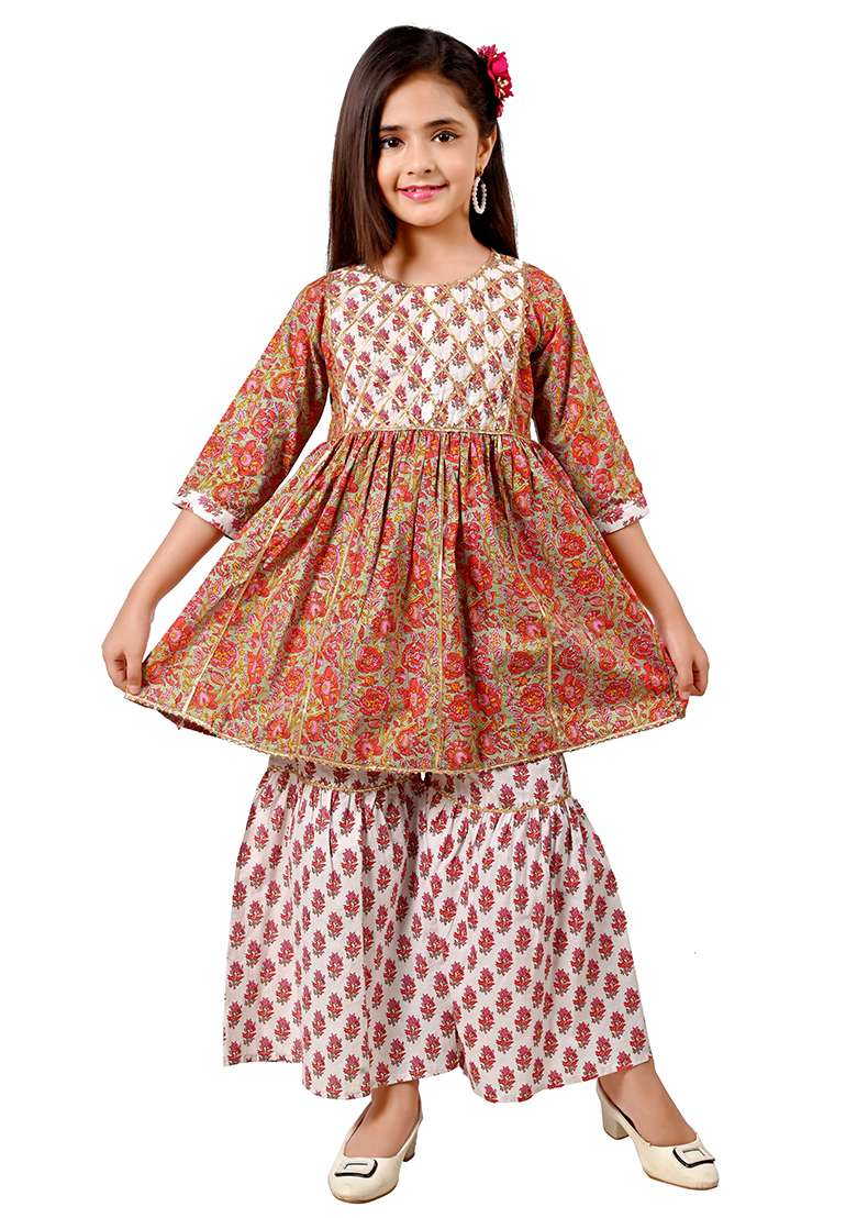 Red Printed Cotton Kurta Set For Girls - Indya