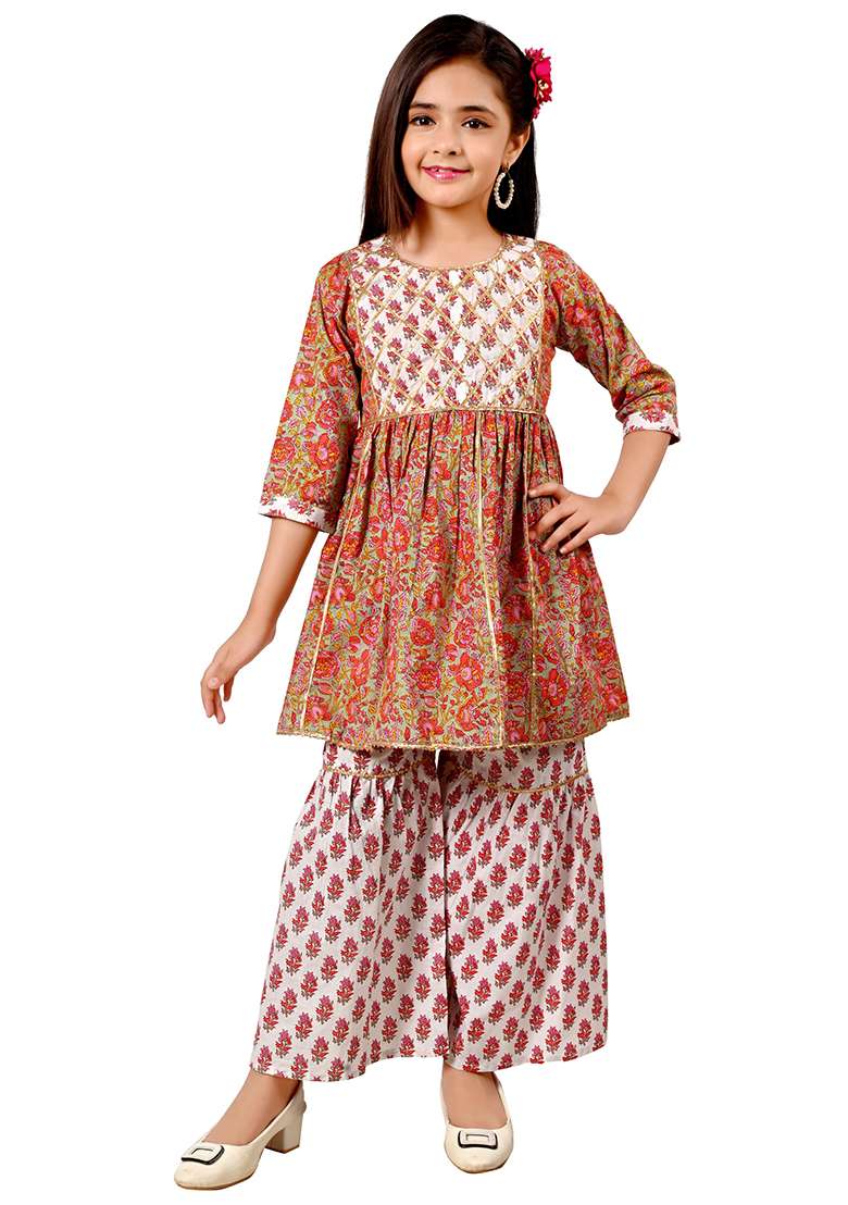 Red Printed Cotton Kurta Set For Girls - Indya