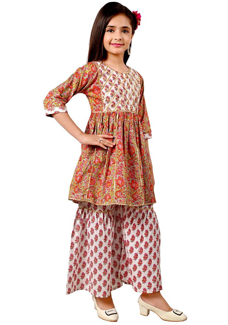 Red Printed Cotton Kurta Set For Girls - Indya
