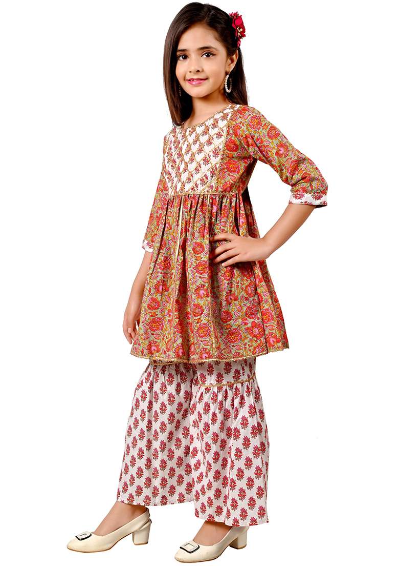 Red Printed Cotton Kurta Set For Girls - Indya