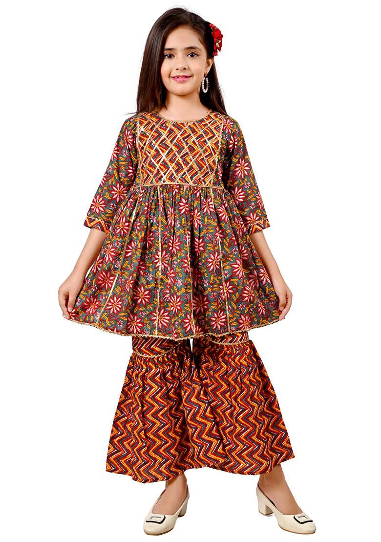 Multicolor Printed Cotton Kurta Set For Girls - Indya