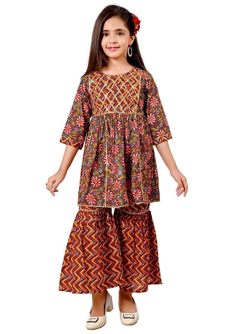 Multicolor Printed Cotton Kurta Set For Girls - Indya