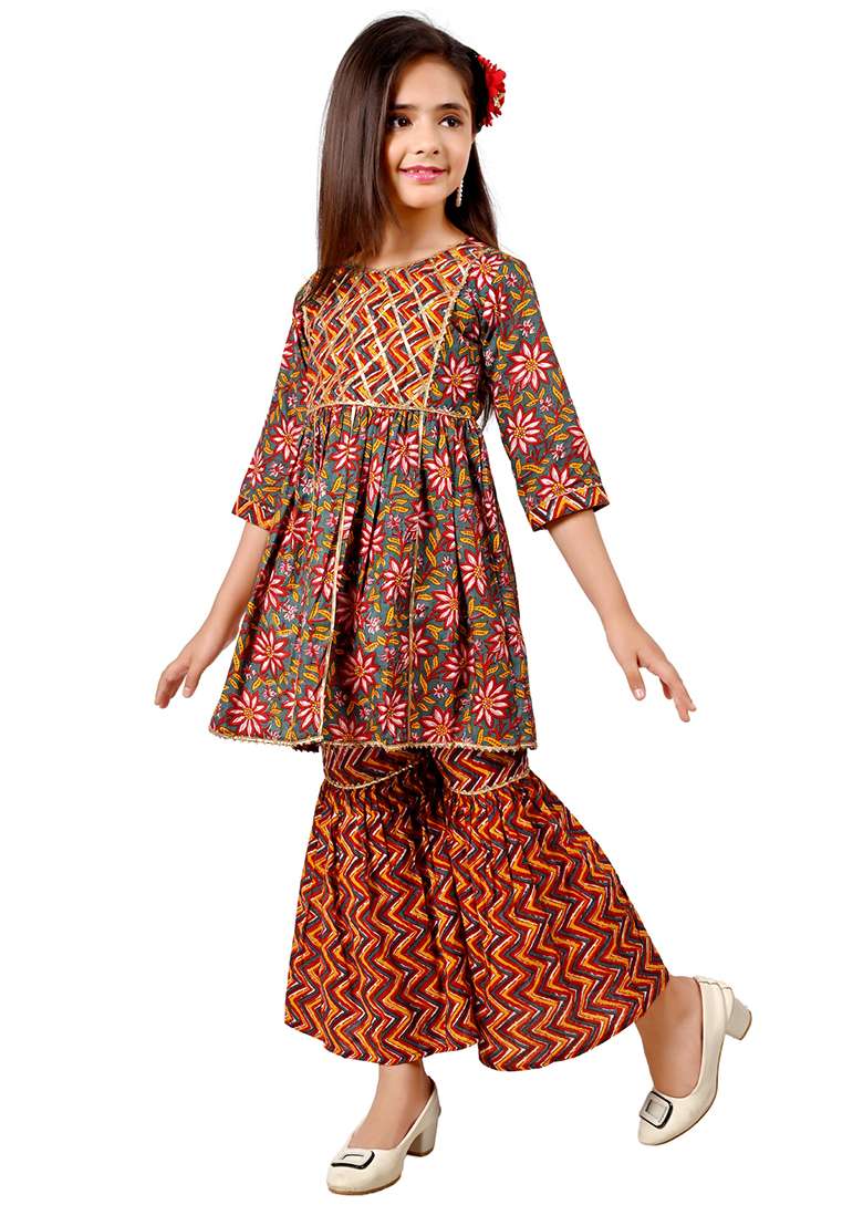 Multicolor Printed Cotton Kurta Set For Girls - Indya