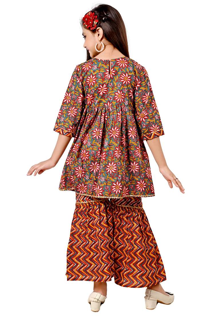 Multicolor Printed Cotton Kurta Set For Girls - Indya