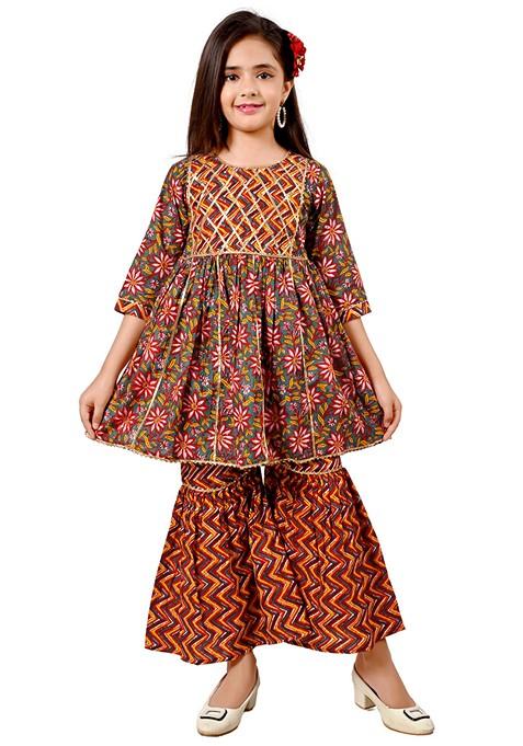 Multicolor Printed Cotton Kurta Set For Girls