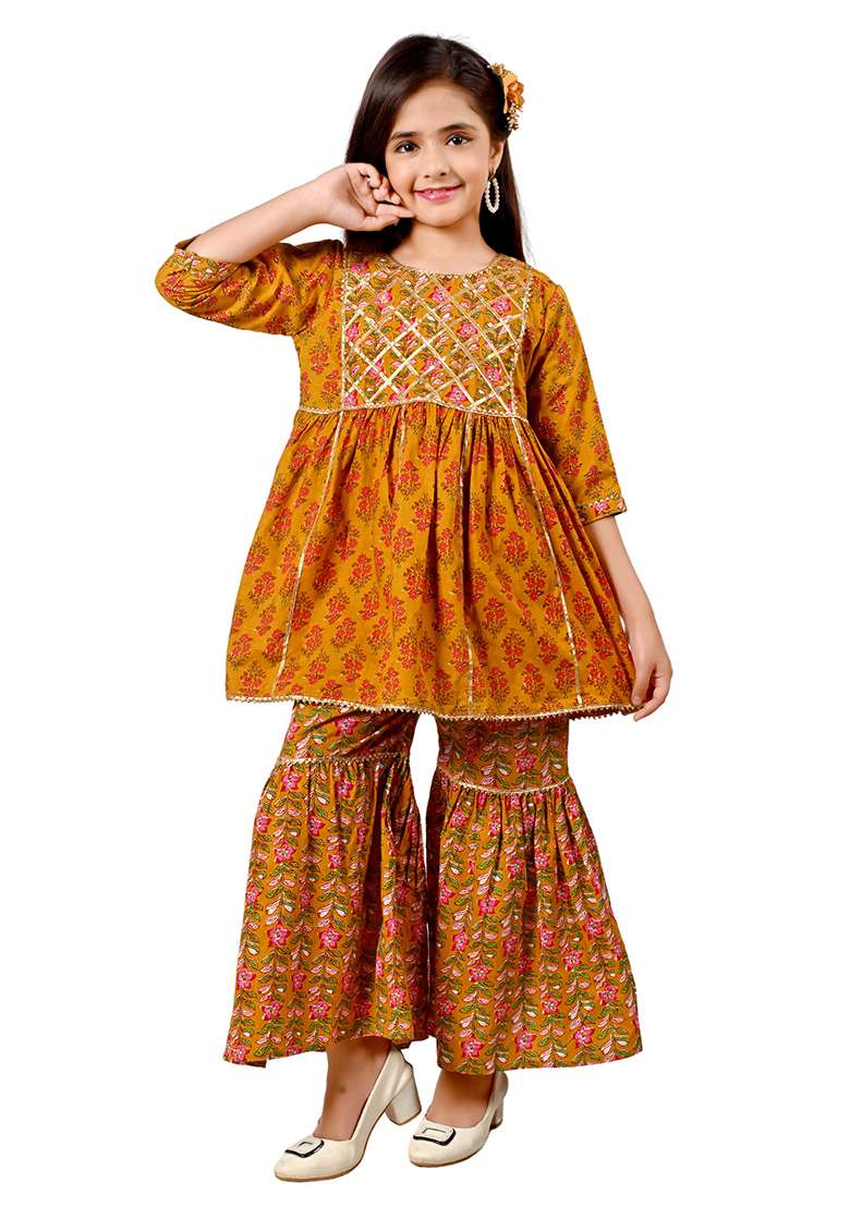 Yellow Printed Cotton Kurta Set For Girls - Indya
