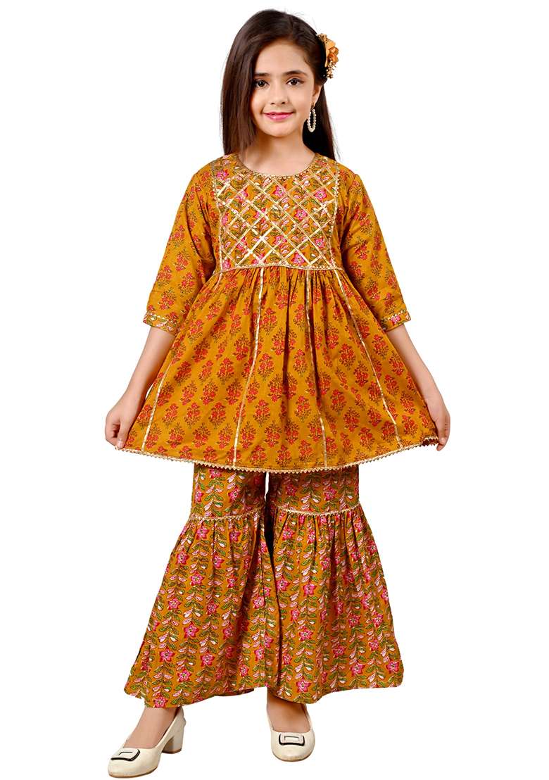 Yellow Printed Cotton Kurta Set For Girls - Indya