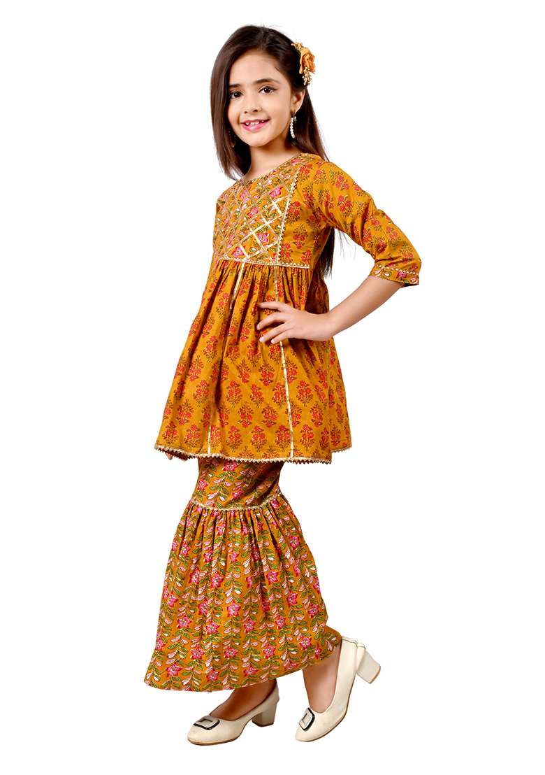 Yellow Printed Cotton Kurta Set For Girls - Indya