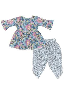 Blue Printed Cotton Kurta Set For Girls