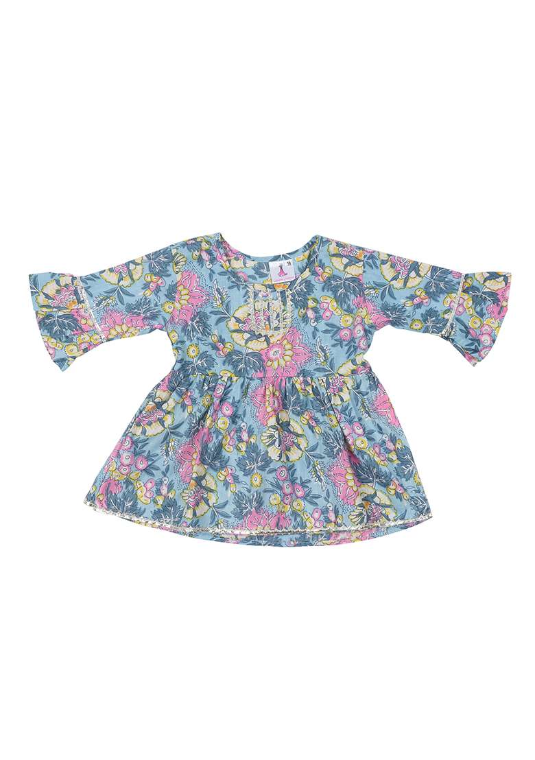 Blue Printed Cotton Kurta Set For Girls - Indya
