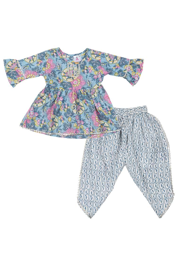 Blue Printed Cotton Kurta Set For Girls - Indya