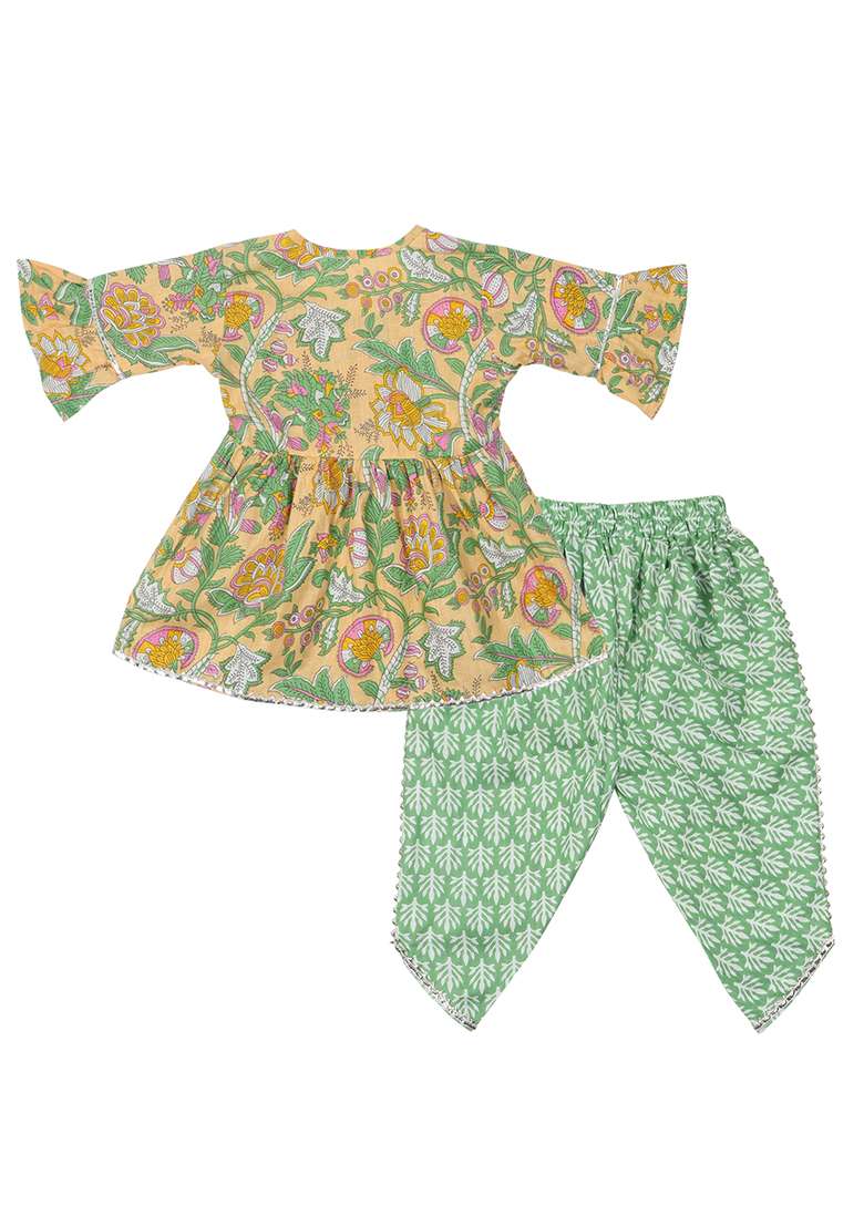 Green Printed Cotton Kurta Set For Girls - Indya