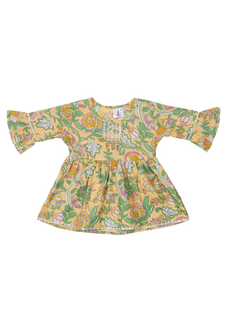 Green Printed Cotton Kurta Set For Girls - Indya