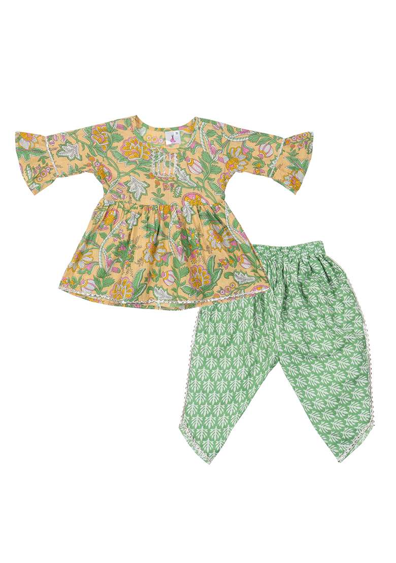 Green Printed Cotton Kurta Set For Girls - Indya
