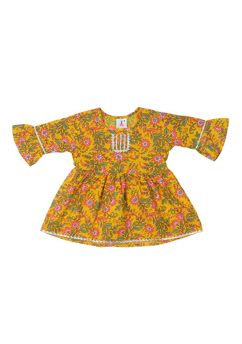 Yellow Printed Cotton Kurta Set For Girls - Indya