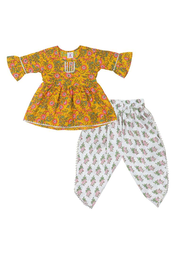 Yellow Printed Cotton Kurta Set For Girls - Indya