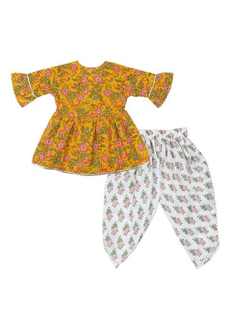 Yellow Printed Cotton Kurta Set For Girls