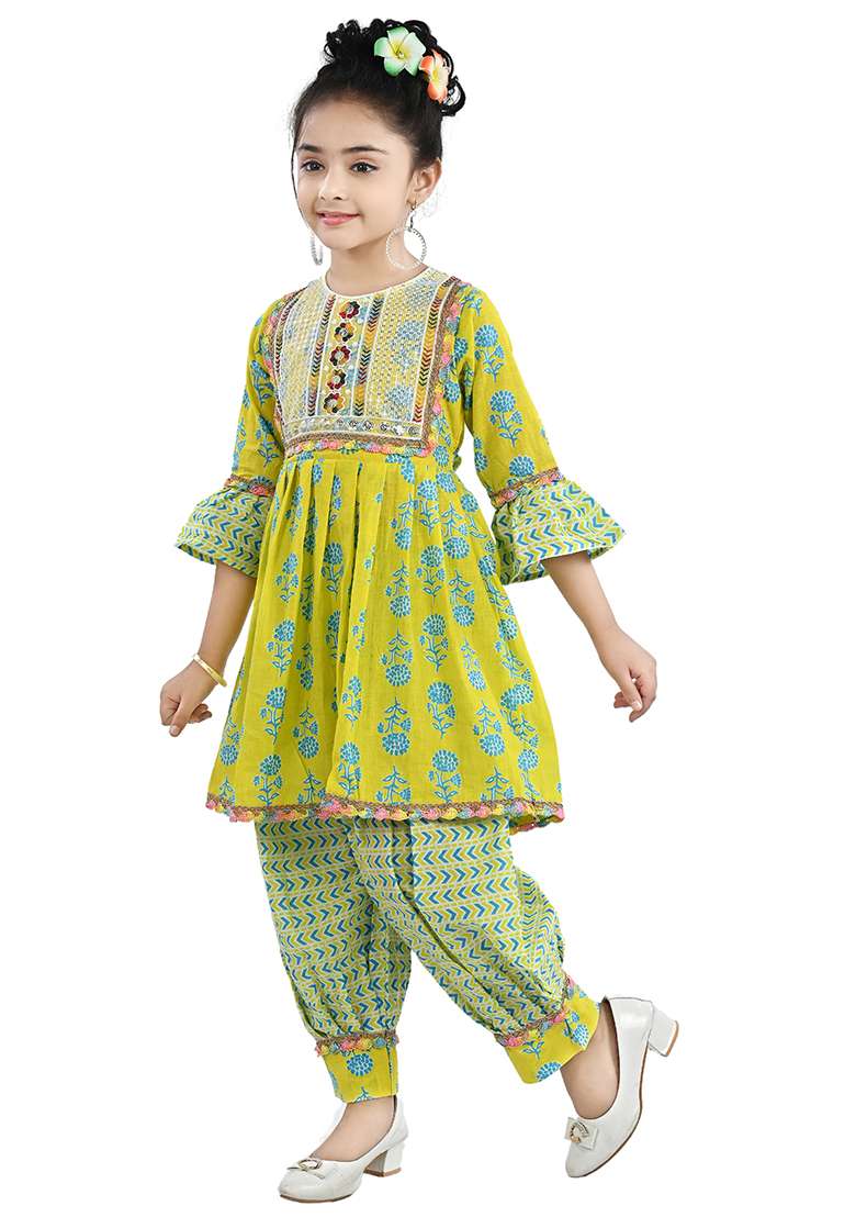 Yellow Printed Cotton Kurta Set For Girls - Indya