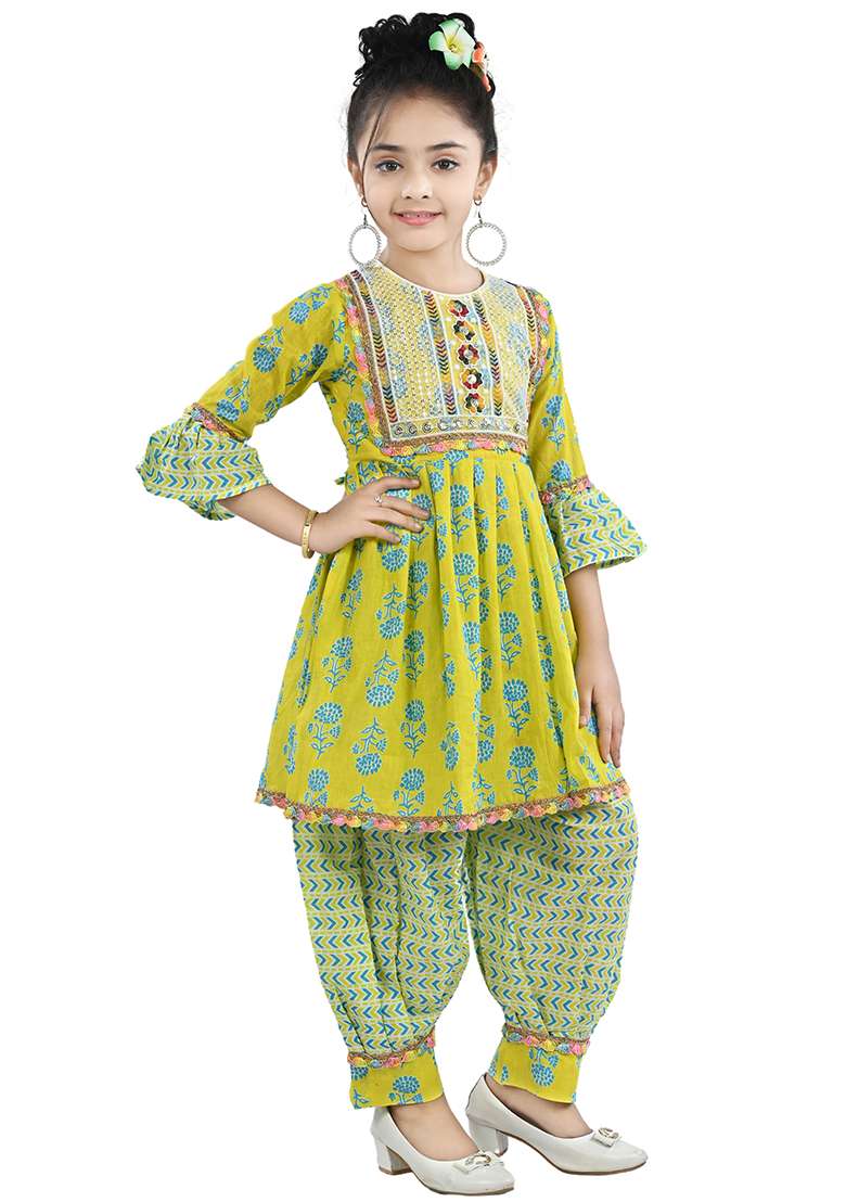 Yellow Printed Cotton Kurta Set For Girls - Indya