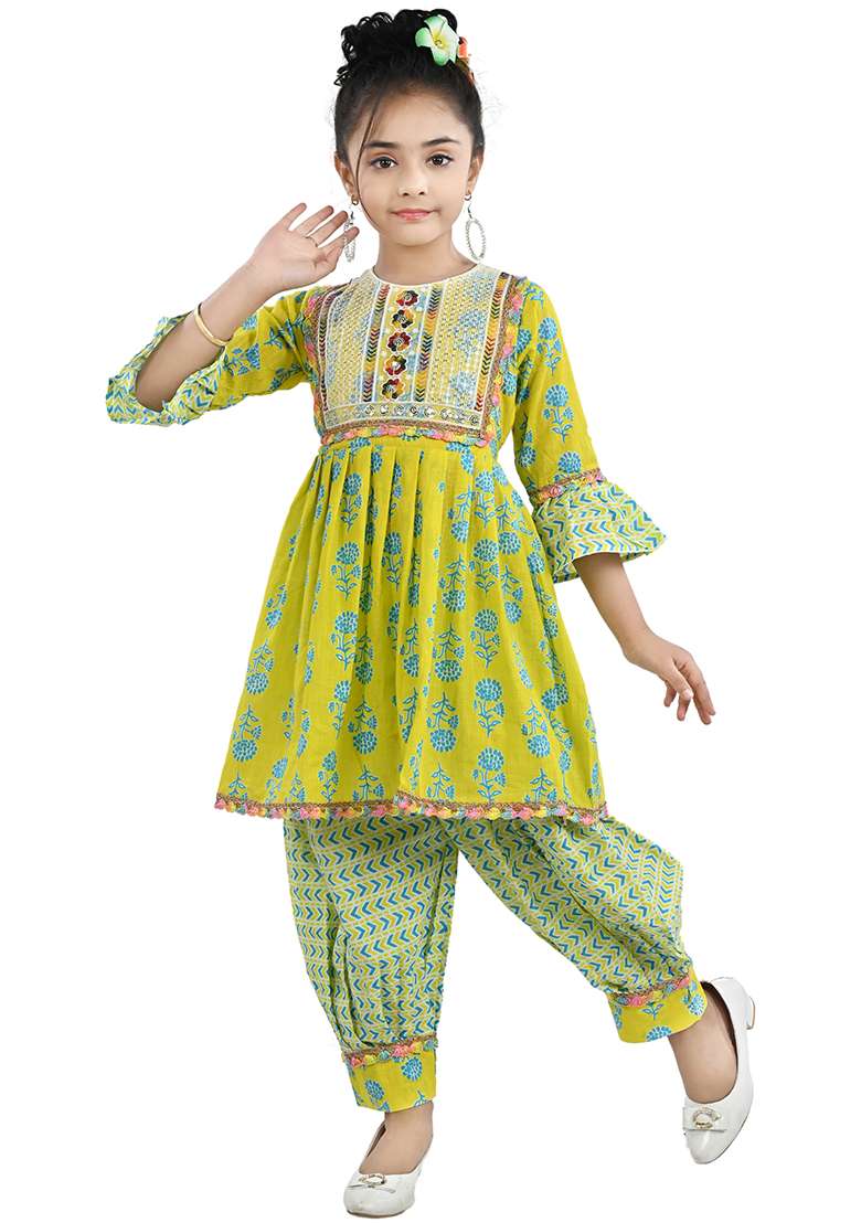 Yellow Printed Cotton Kurta Set For Girls - Indya