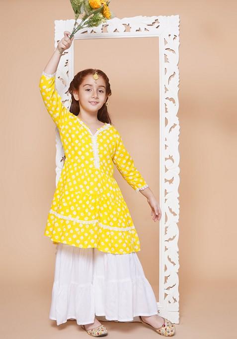 Yellow Printed Cotton Kurta Set For Girls