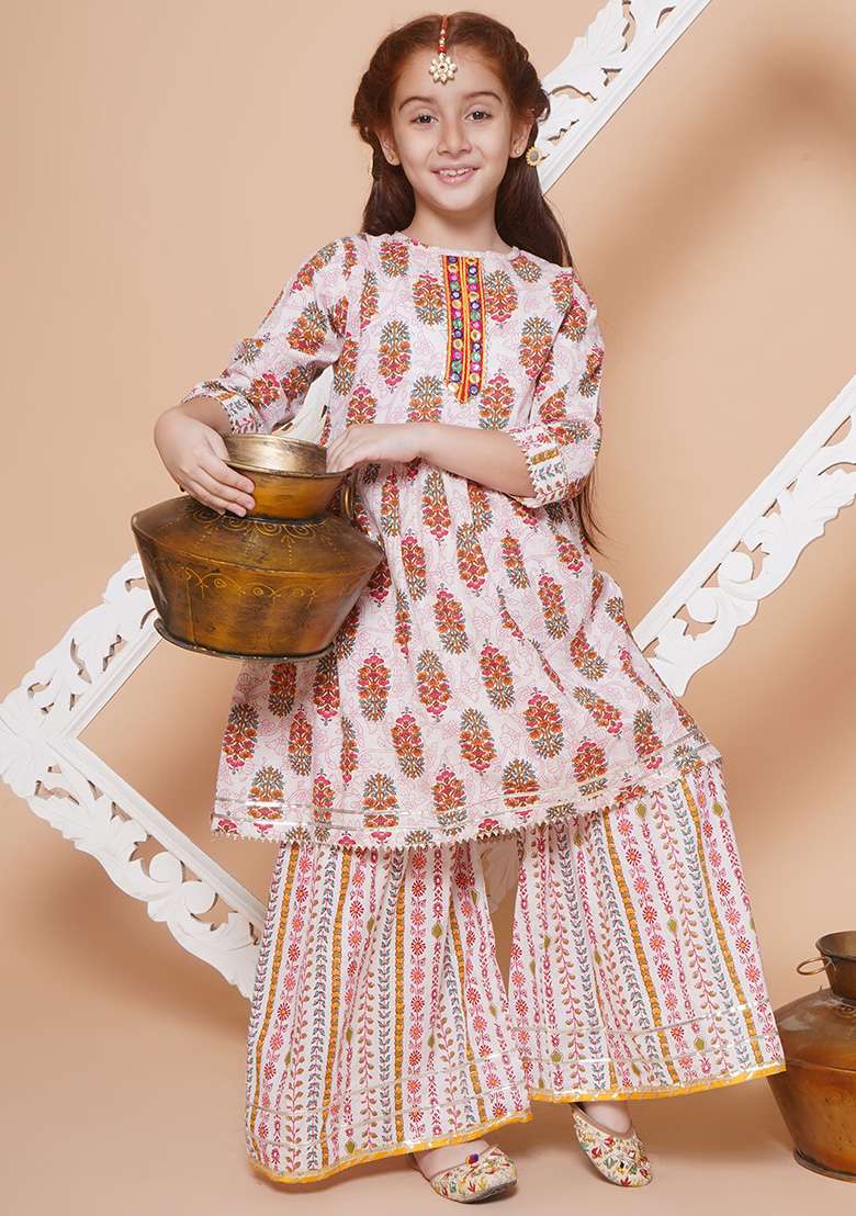 Pink Printed Cotton Kurta Set For Girls - Indya