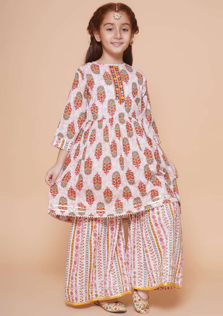 Pink Printed Cotton Kurta Set For Girls - Indya