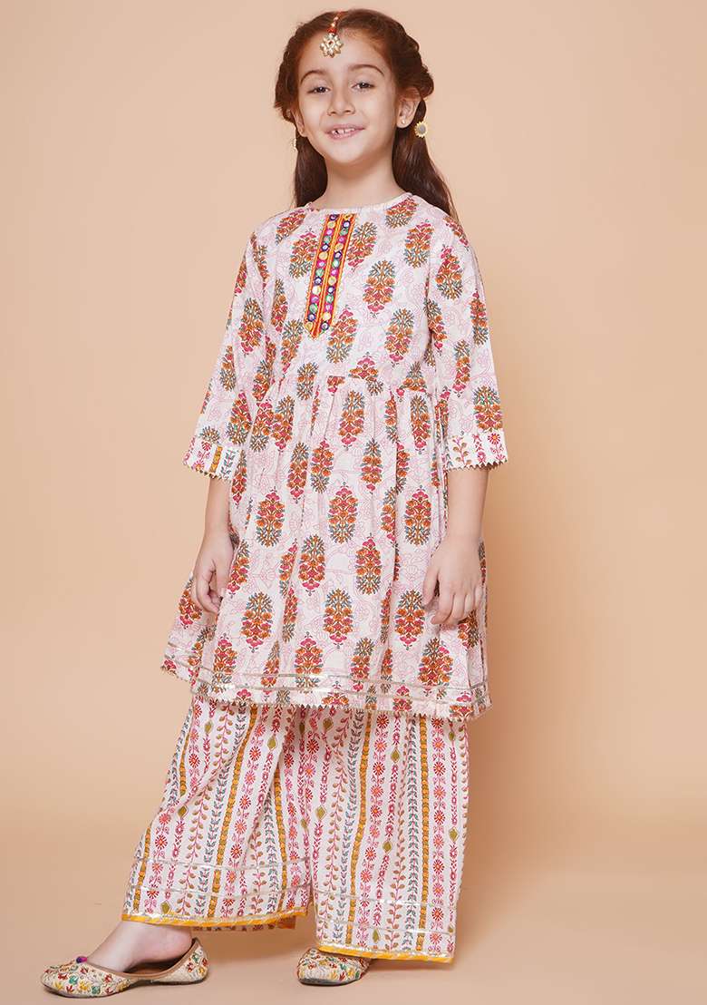 Pink Printed Cotton Kurta Set For Girls - Indya