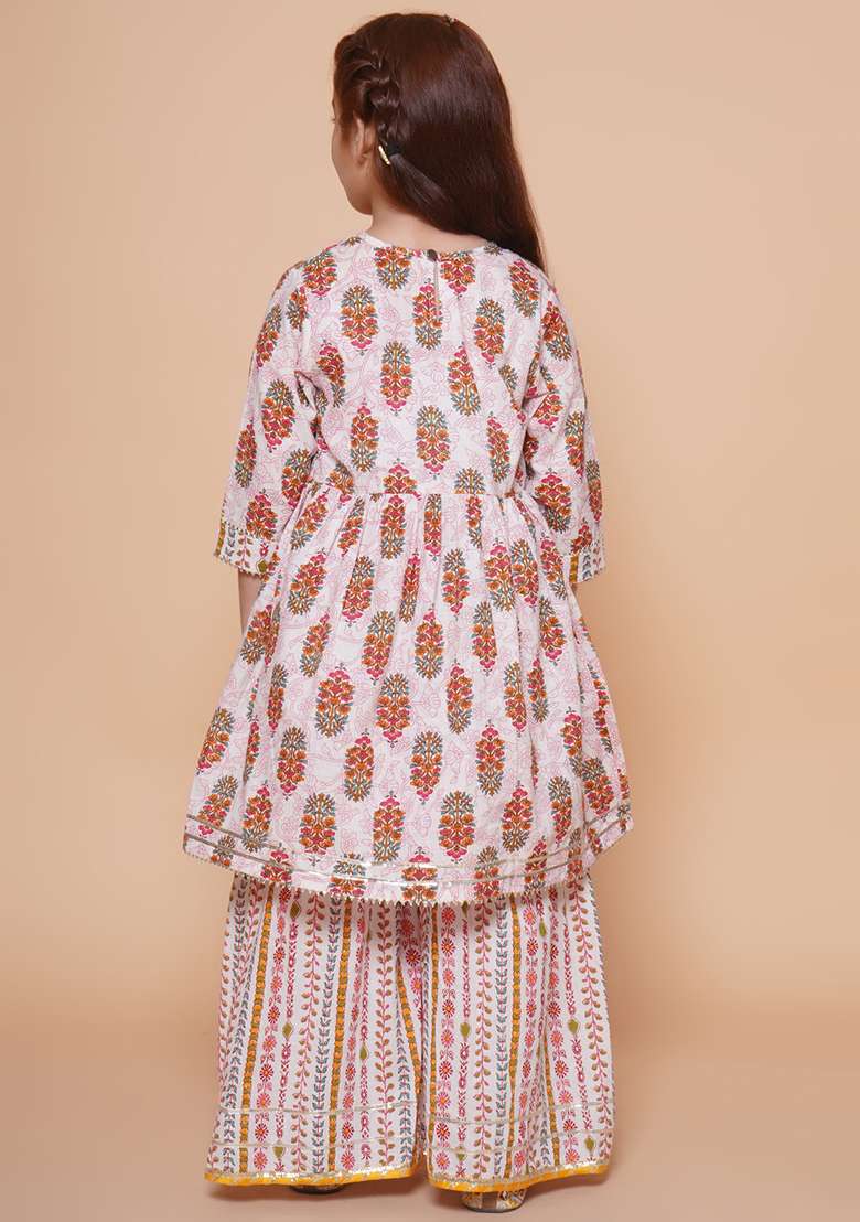 Pink Printed Cotton Kurta Set For Girls - Indya