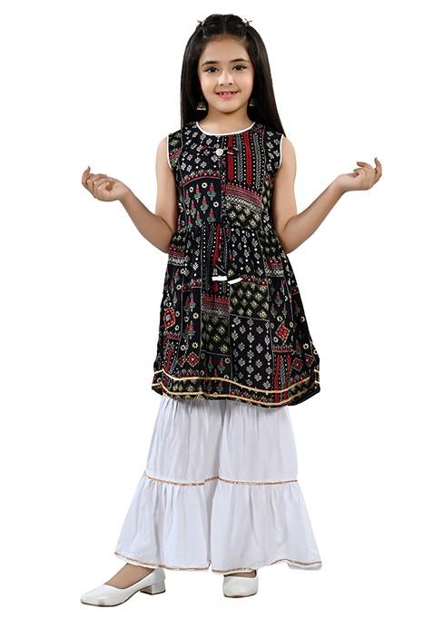 Black Printed Rayon Kurta Set For Girls