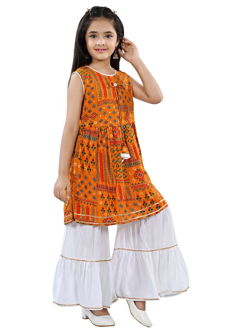 Yellow Printed Rayon Kurta Set For Girls - Indya