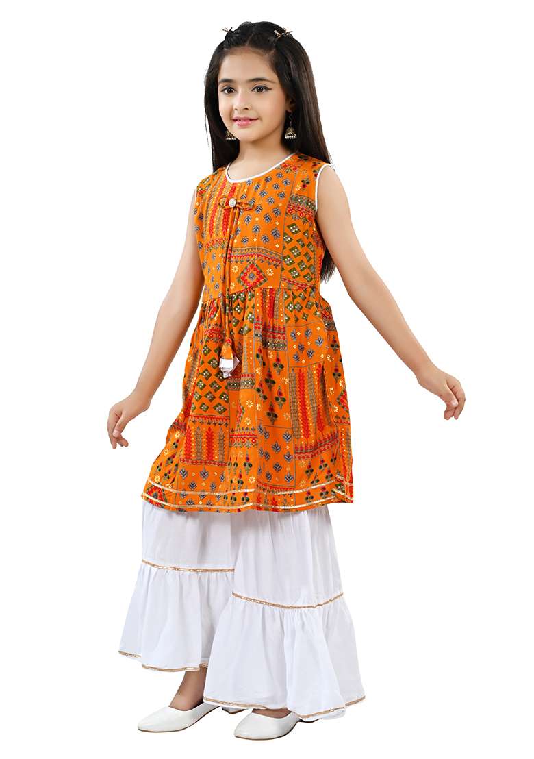 Yellow Printed Rayon Kurta Set For Girls - Indya