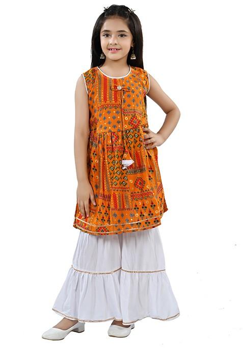Yellow Printed Rayon Kurta Set For Girls