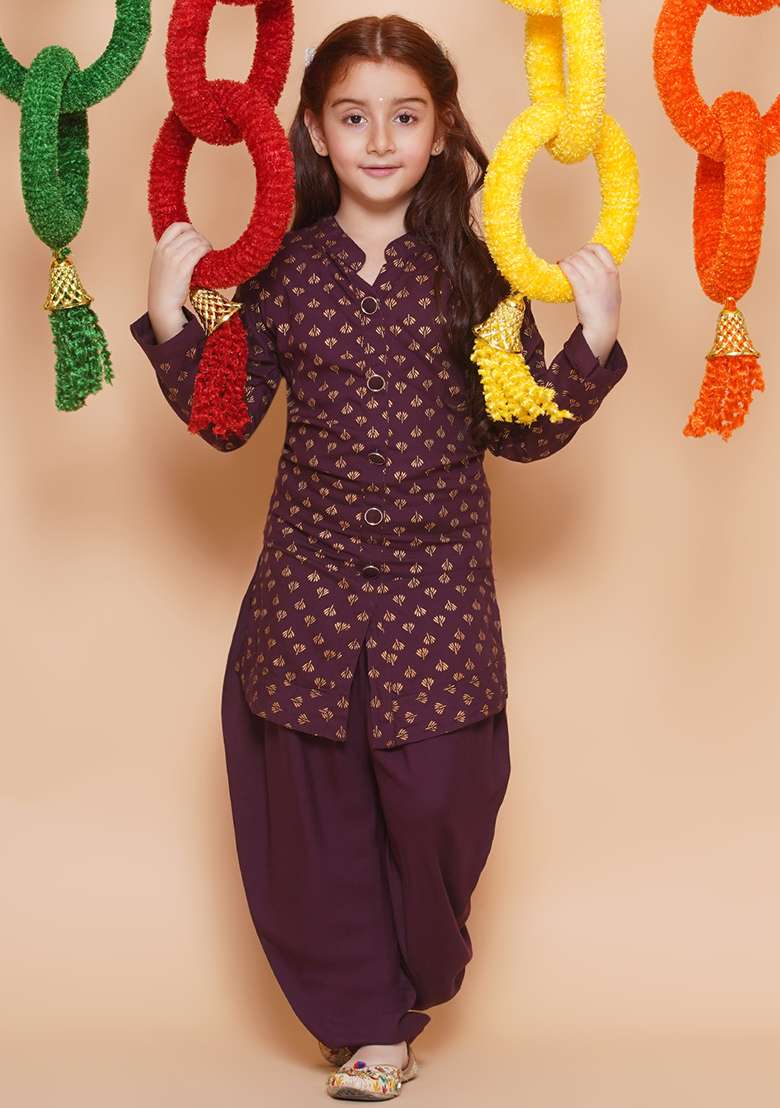 Wine Printed Rayon Kurta Set For Girls - Indya