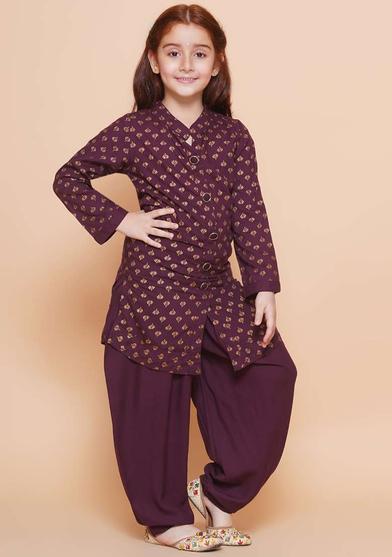 Wine Printed Rayon Kurta Set For Girls - Indya