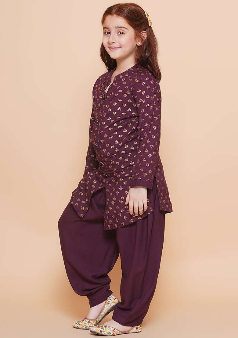 Wine Printed Rayon Kurta Set For Girls - Indya