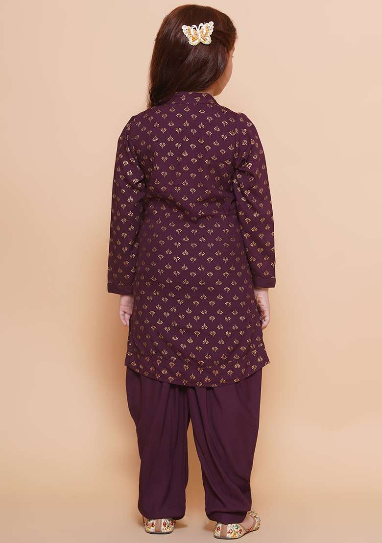 Wine Printed Rayon Kurta Set For Girls - Indya