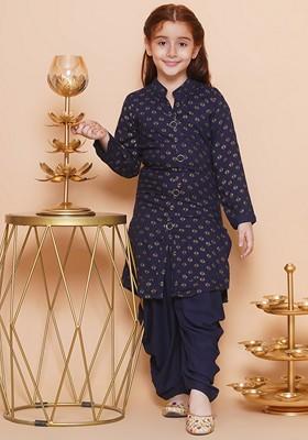 Blue Printed Rayon Kurta Set For Girls