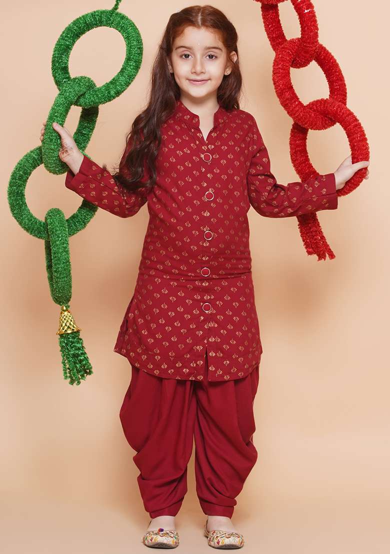 Red Printed Rayon Kurta Set For Girls - Indya