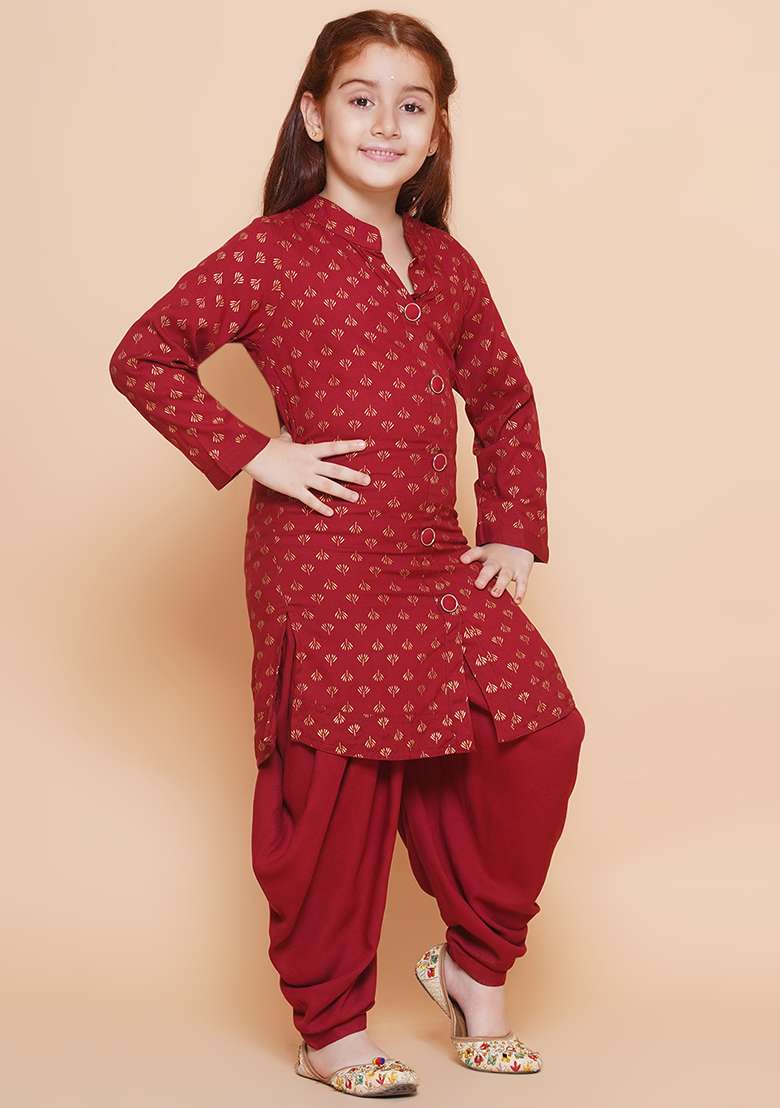 Red Printed Rayon Kurta Set For Girls - Indya