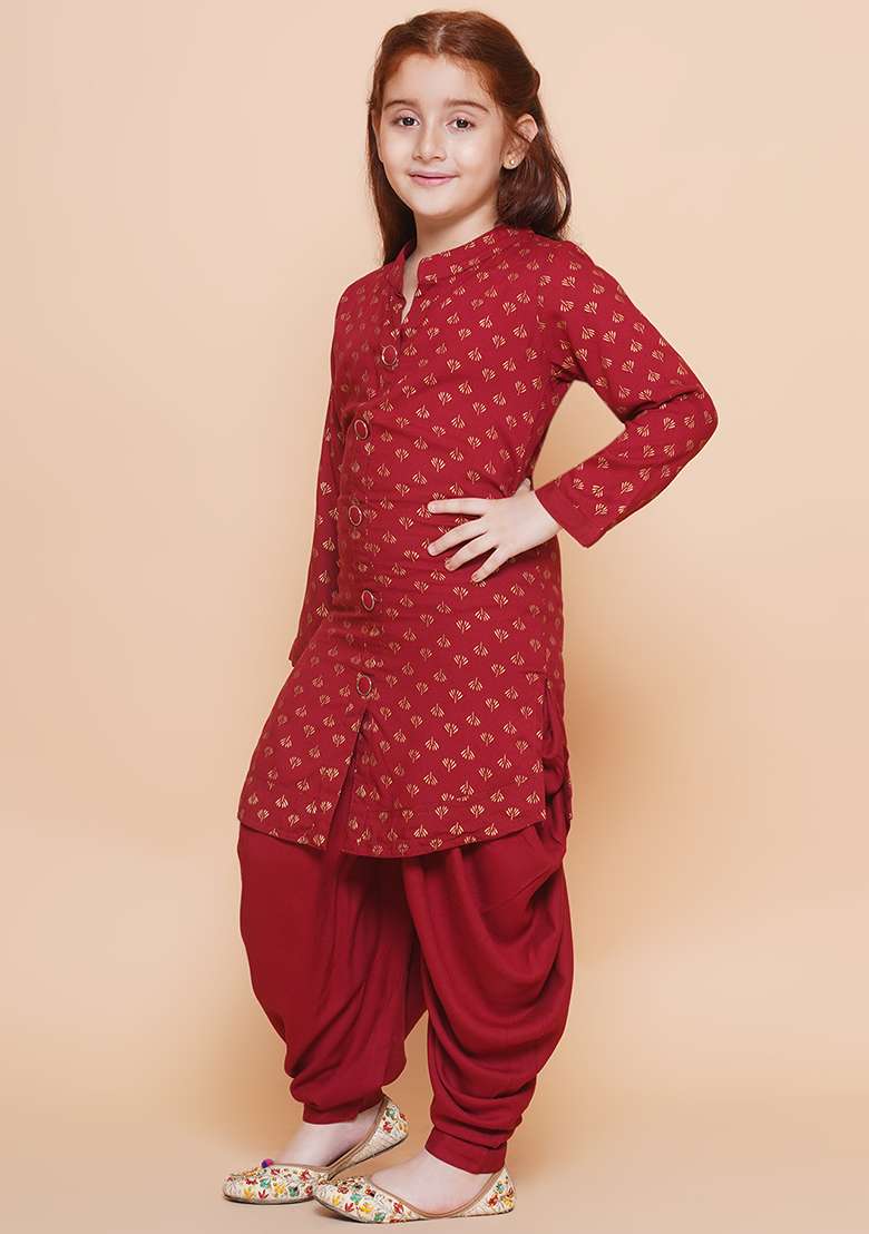 Red Printed Rayon Kurta Set For Girls - Indya