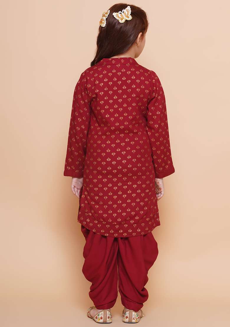 Red Printed Rayon Kurta Set For Girls - Indya