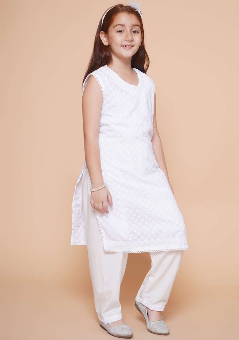 White Chikankari Work Cotton Kurta Set For Girls - Indya