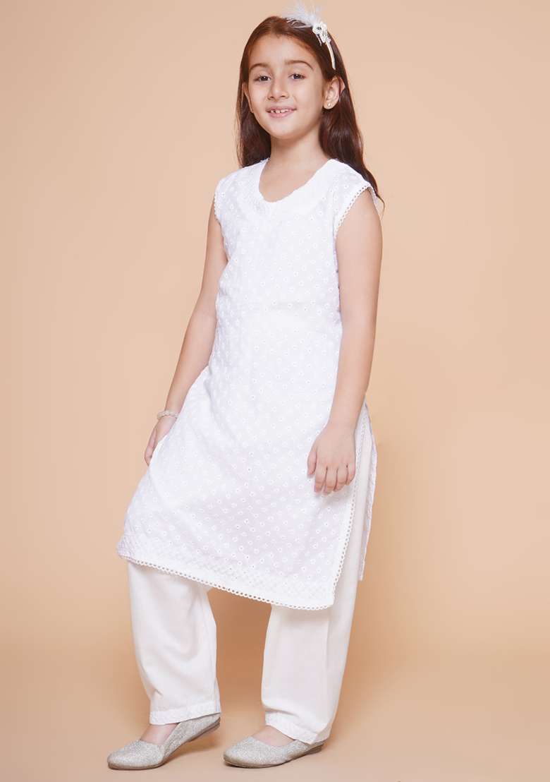 White Chikankari Work Cotton Kurta Set For Girls - Indya