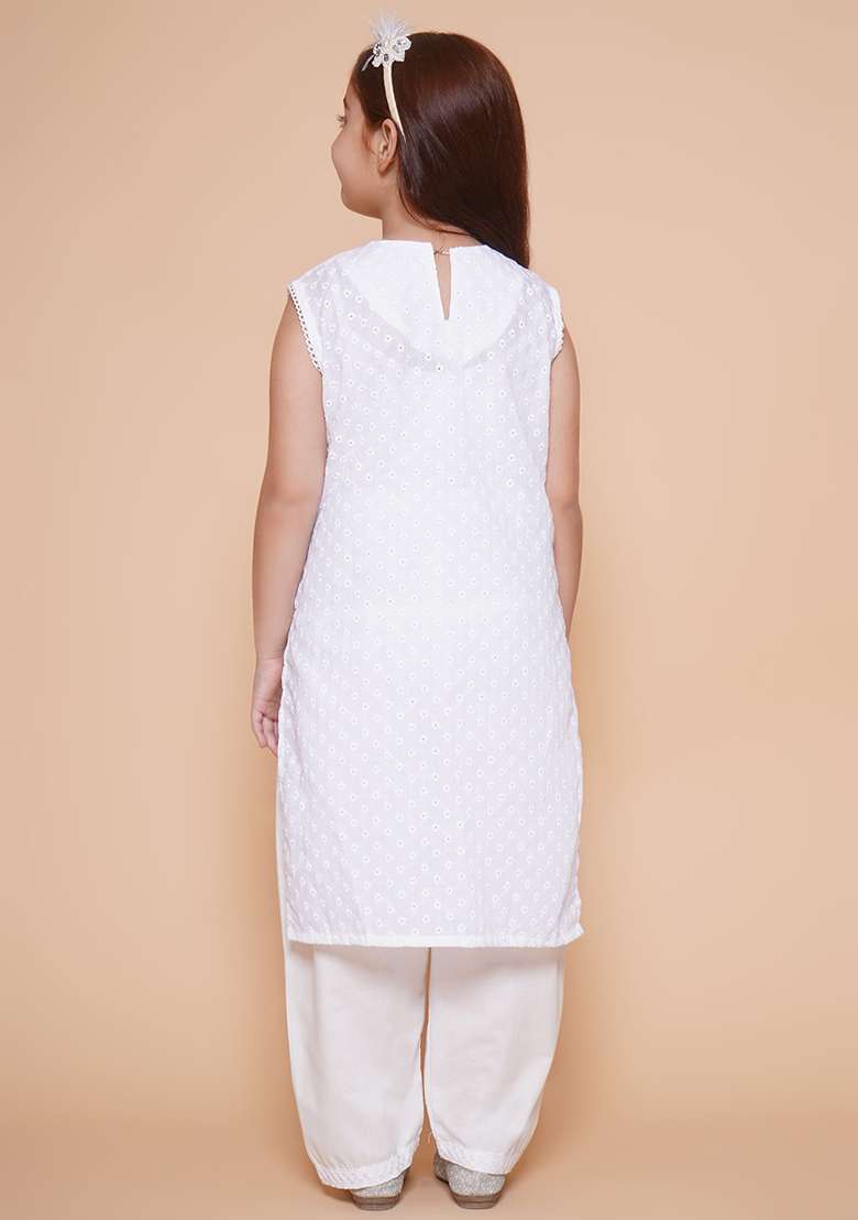 White Chikankari Work Cotton Kurta Set For Girls - Indya