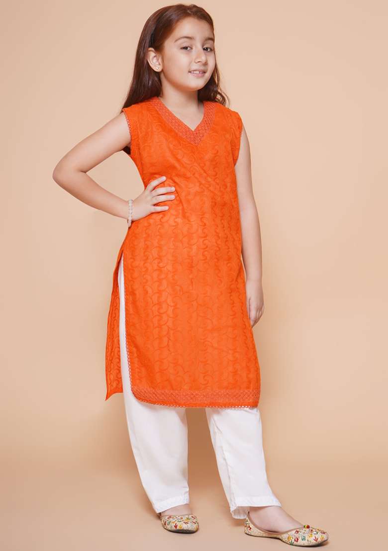 Orange Chikankari Work Cotton Kurta Set For Girls - Indya
