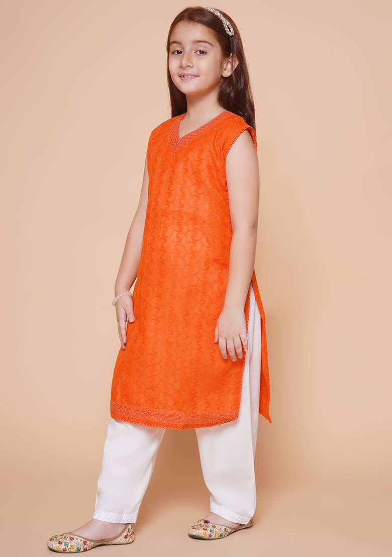 Orange Chikankari Work Cotton Kurta Set For Girls - Indya
