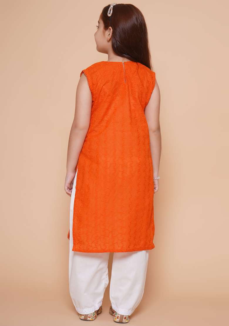 Orange Chikankari Work Cotton Kurta Set For Girls - Indya