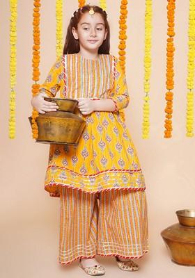 Yellow Printed Cotton Kurta Set For Girls