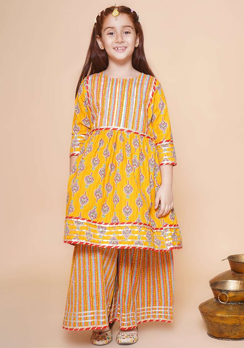 Yellow Printed Cotton Kurta Set For Girls - Indya